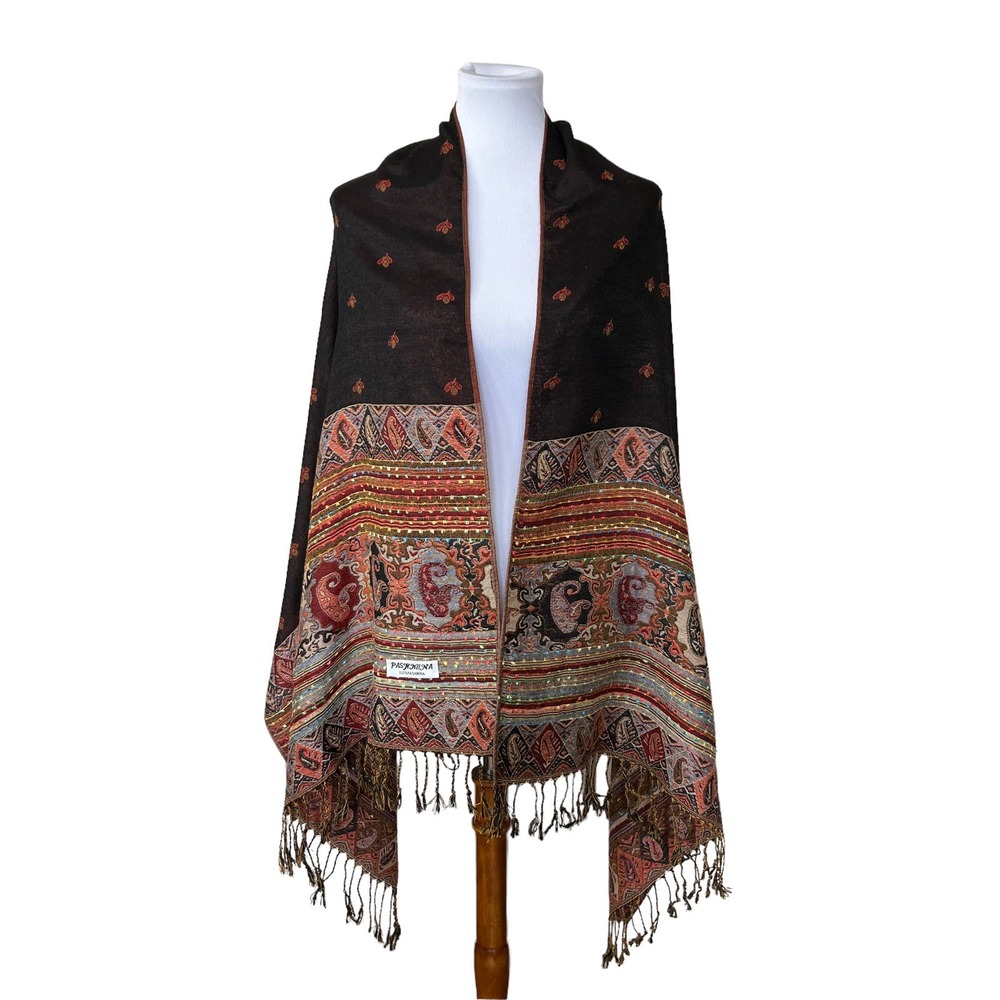 pashmina Black Multicolor Paisley Border Shawl Scarf